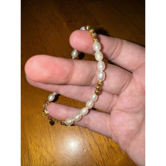 Gold Over 925 Stamped Sterling Silver Pearl Gold Beaded Bracelet Vintage - Picture 7 of 7